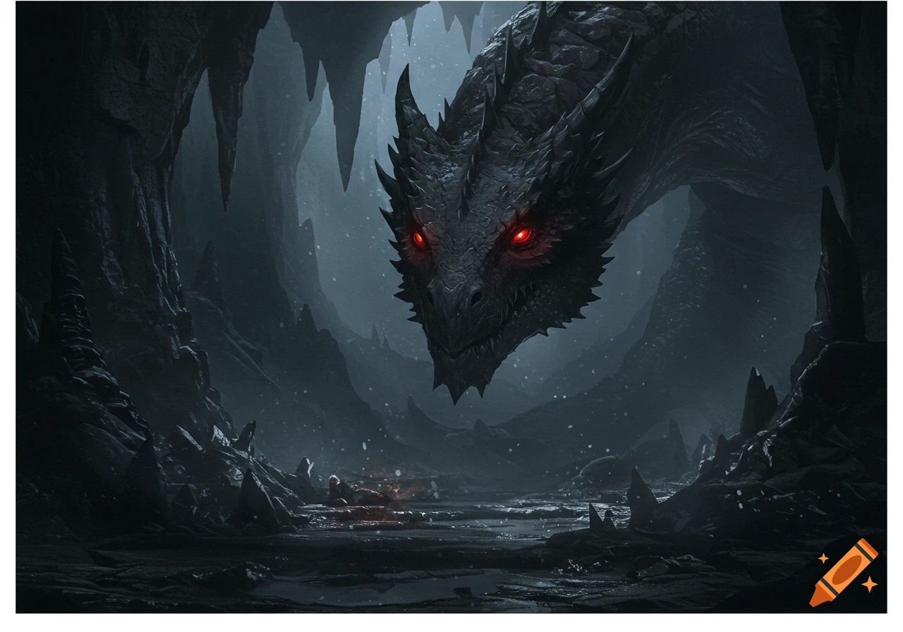 A menacing black dragon with bright red eyes emerges from the shadows of a dark, rocky cave.