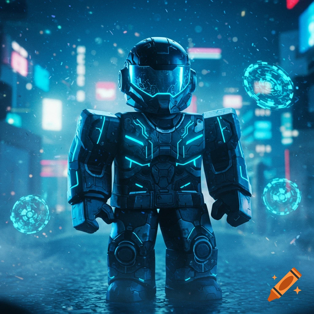 A futuristic blocky robot with glowing blue lines stands in a neon-lit cyberpunk city street at night, photorealistic.