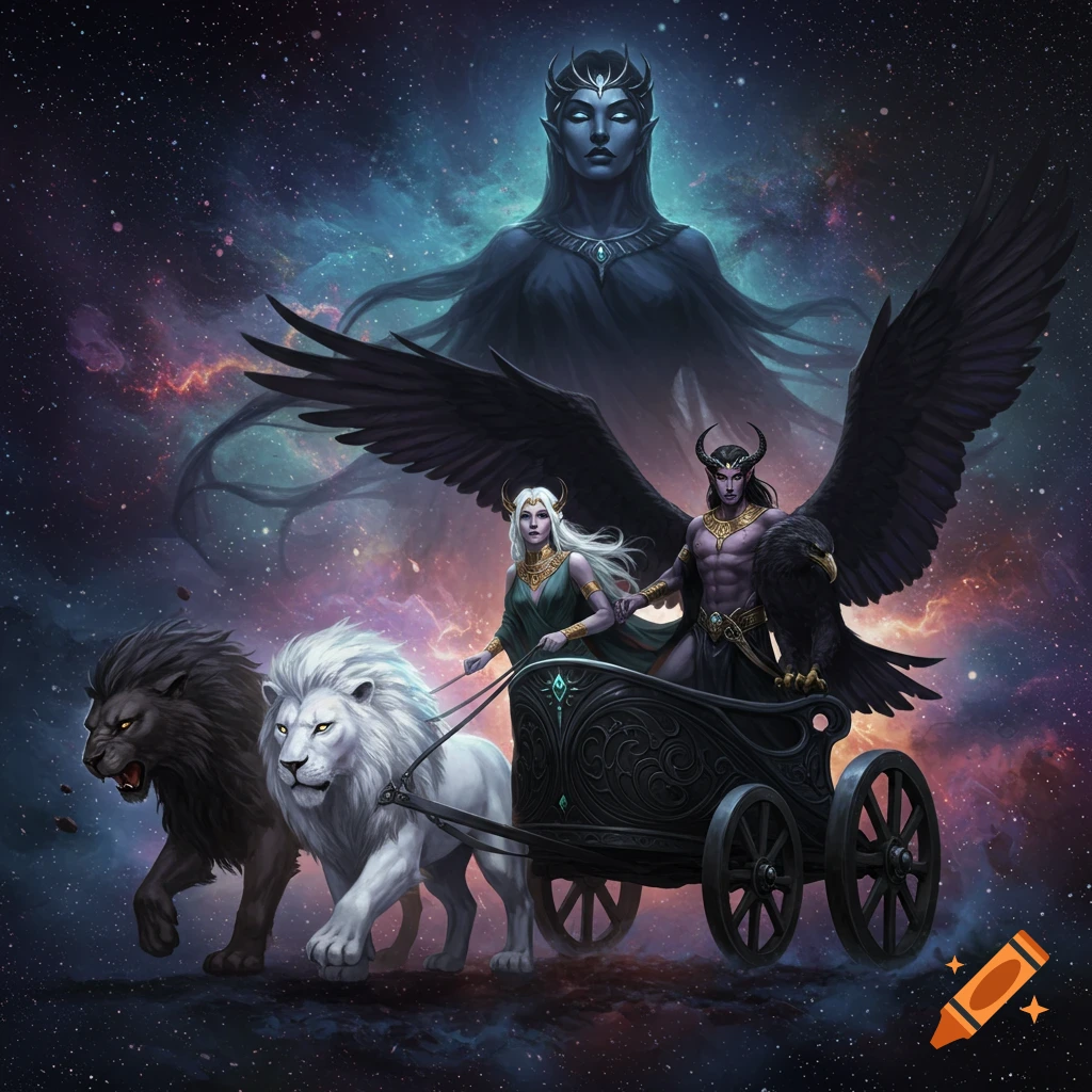 A fantasy couple on a chariot pulled by a black and white lion, with a large ethereal goddess against a cosmic background.