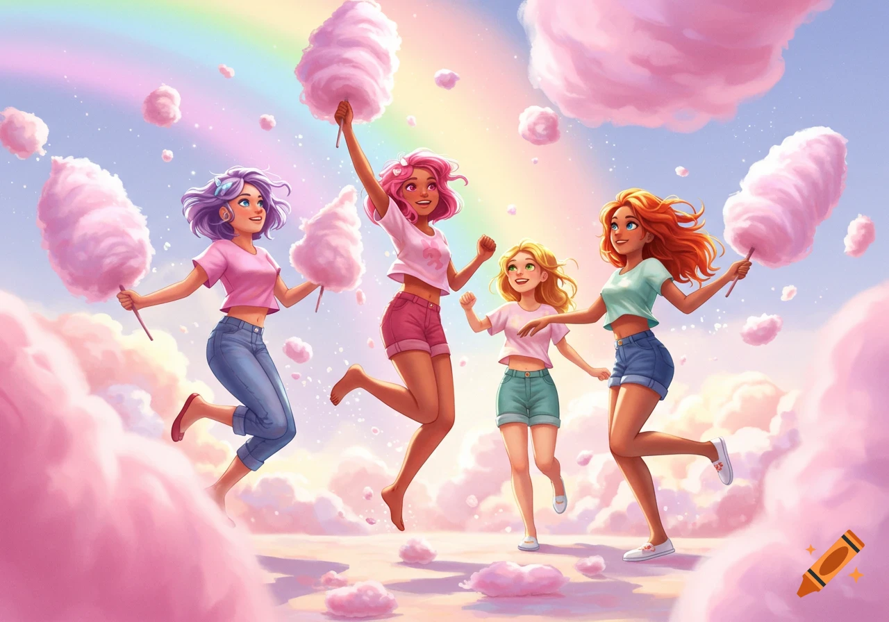 Four cartoon women with colorful hair jump among pink cotton candy clouds under a rainbow sky.