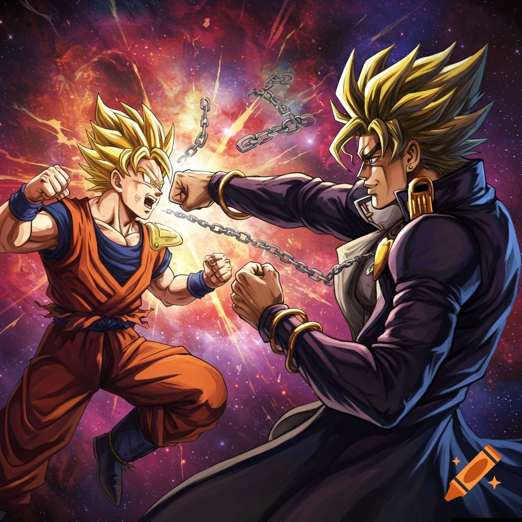 Anime-style illustration of Goku and Jotaro in battle, their fists connected by chains, set against a vibrant cosmic backdrop.