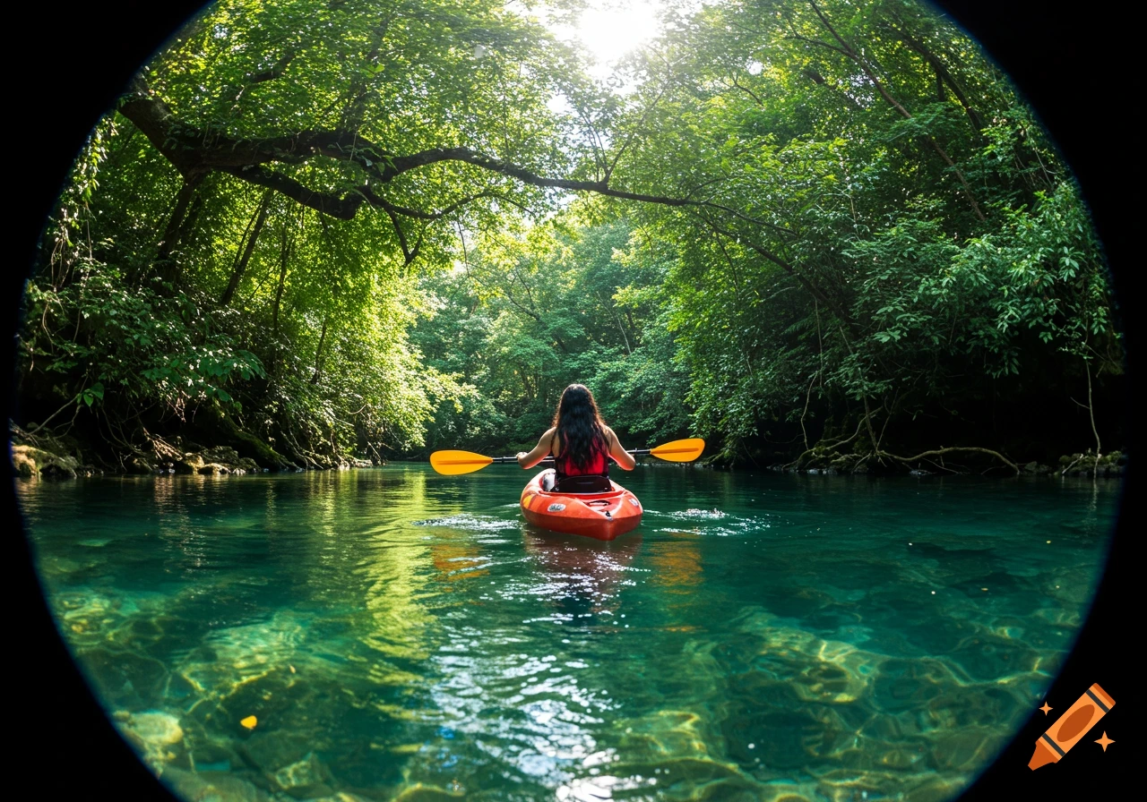 Photorealistic fisheye view of a person in a red kayak paddling down a clear river surrounded by lush green trees.