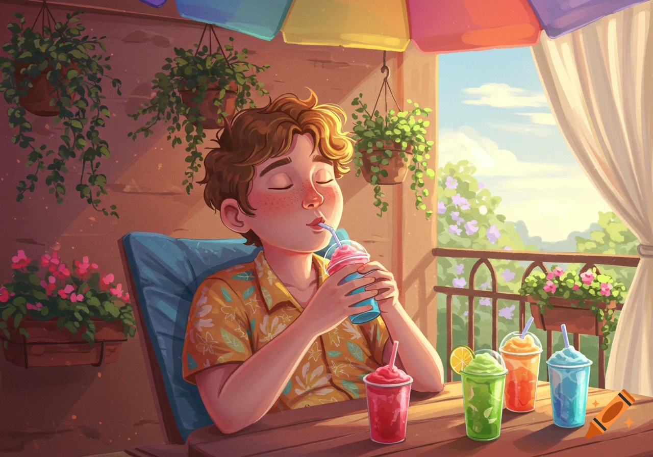 A stylized illustration of a person with freckles drinking a pink slushie on a sunny patio, with more colorful slushies on the table.