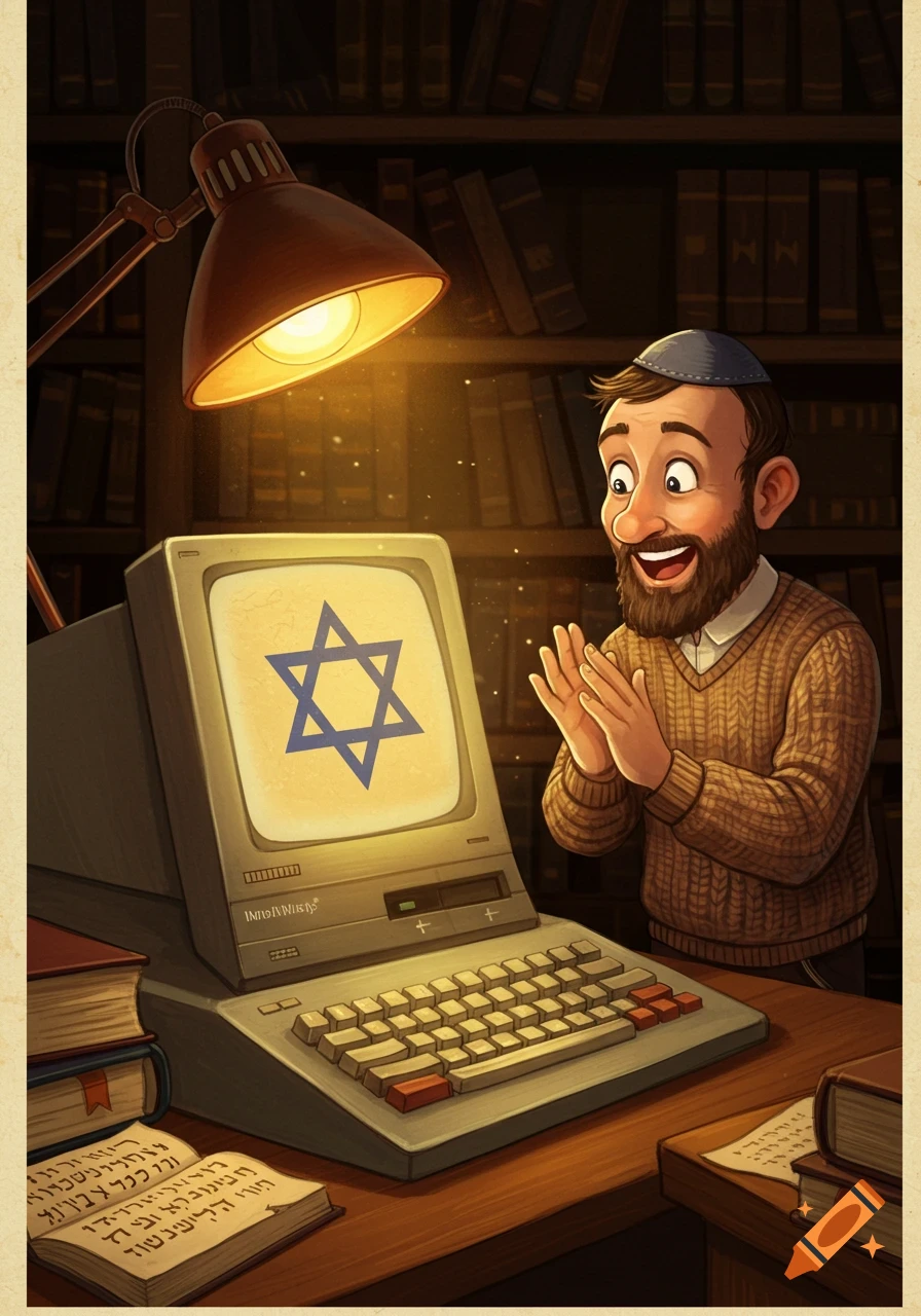 A happy man wearing a yarmulke looks excitedly at an old computer screen displaying the Star of David. Books fill the background.