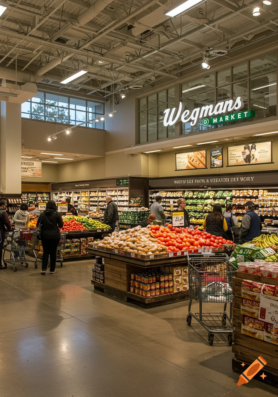 An interior shot of a busy Wegmans supermarket, featuring abundant fresh produce displays, shoppers with carts, and the prominent Wegmans Market sign.