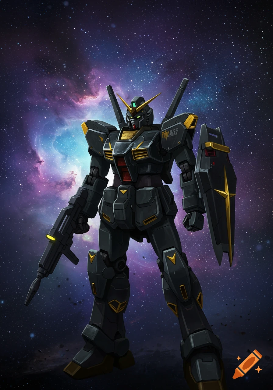 A black and gold Gundam robot stands against a vibrant purple and blue nebula in space.