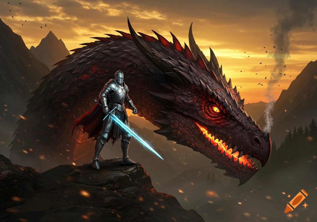 A knight with a glowing blue sword stands on a rock before a large red dragon with glowing eyes, set against a sunset mountain landscape.