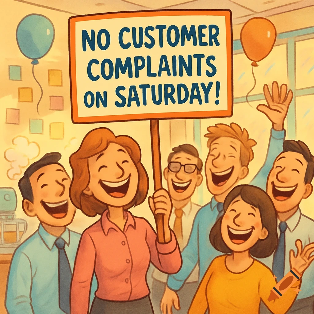 A group of happy office workers, in a cartoon style, celebrating with smiles and balloons, holding a sign that says 'NO CUSTOMER COMPLAINTS ON SATURDAY!'.