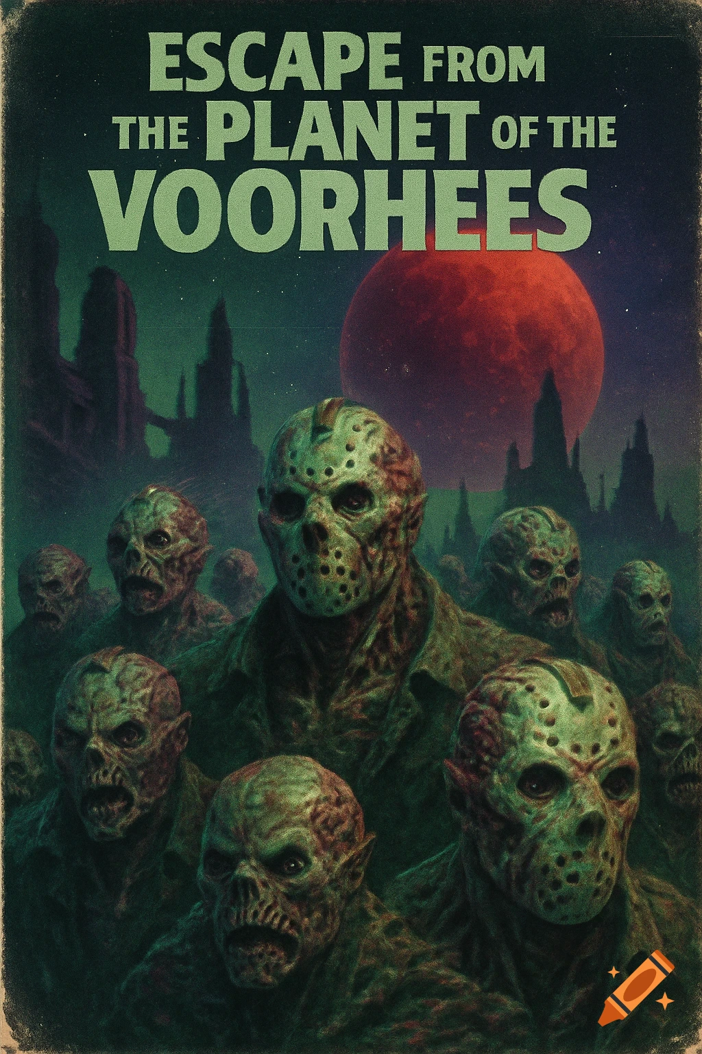 A vintage horror movie poster depicting a group of zombie-like figures, some wearing hockey masks, under a red moon, with the title 'Escape from the Planet of the Voorhees'.