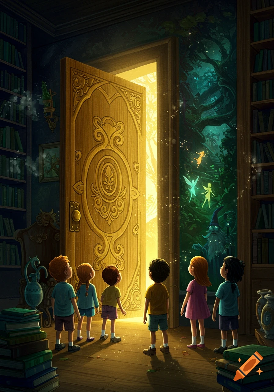 Children look into a glowing magical doorway in a library, revealing a fantastical forest with fairies and a wizard.