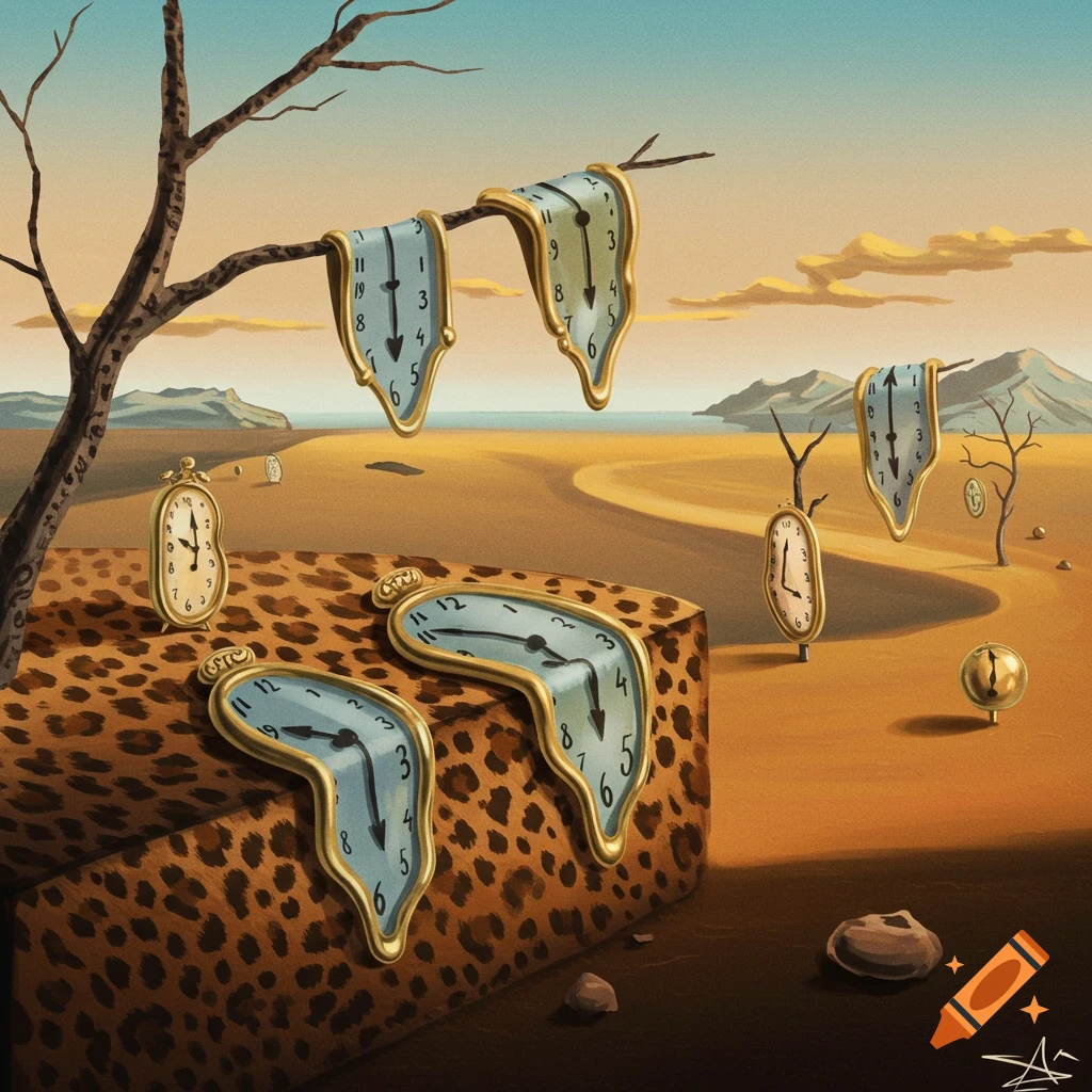 A surreal painting inspired by Salvador Dalí, showing melting clocks draped over tree branches and a cheetah-print block, in a desert landscape with mountains and a sea horizon.