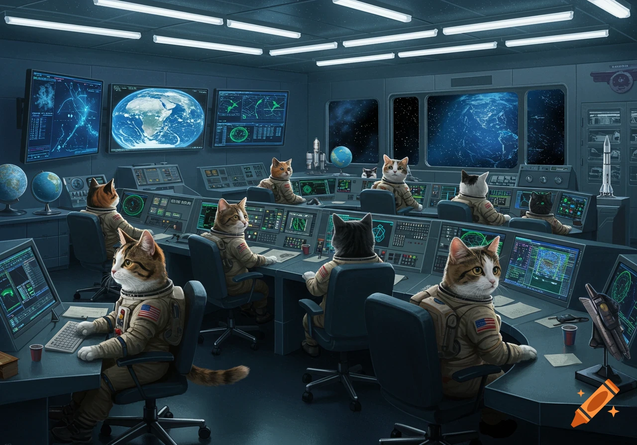 Numerous cats in astronaut suits operate computer terminals in a dimly lit space mission control room, with Earth and stars visible through large windows.