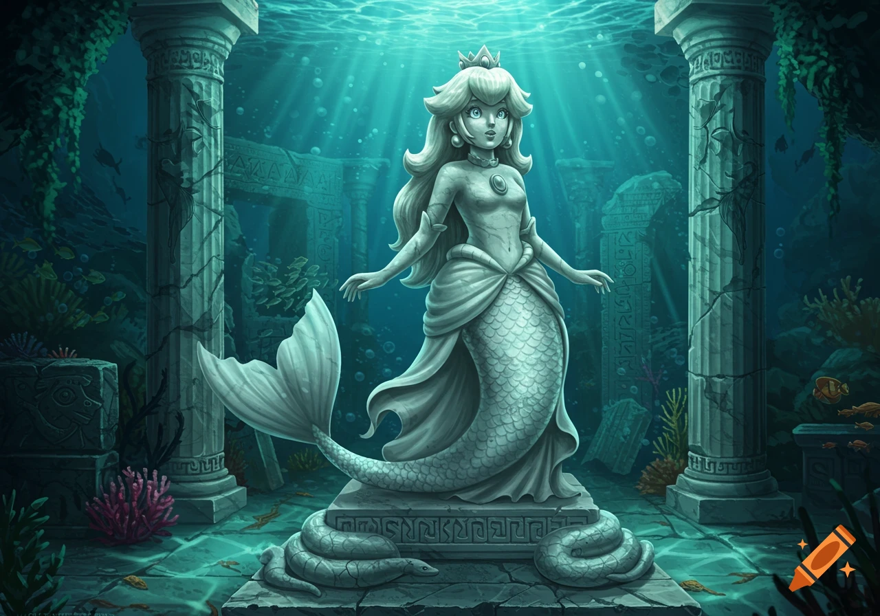 A detailed marble statue of Princess Peach as a mermaid stands on a base with snakes in ancient underwater ruins.