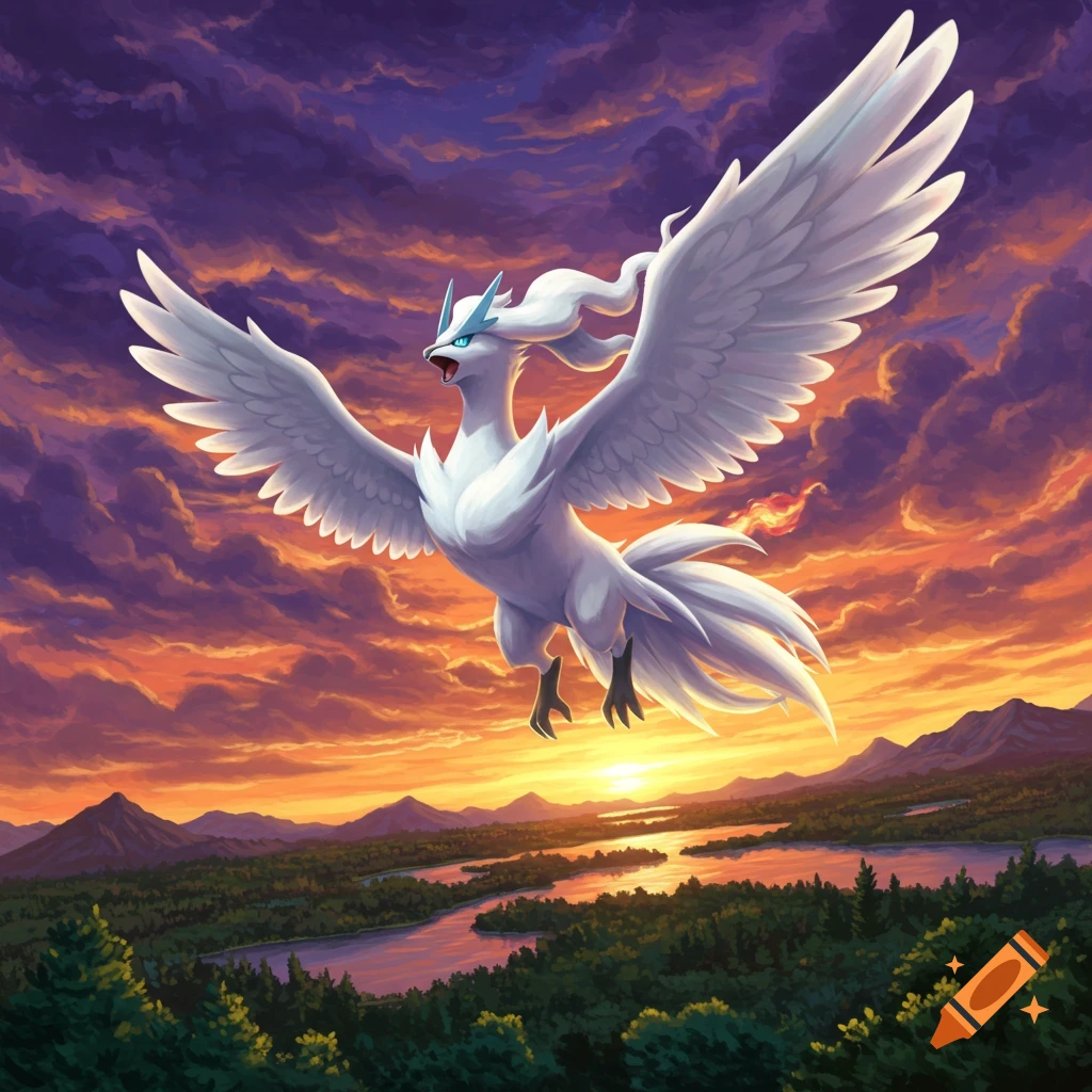 The white legendary Pok rabbit, the majestic Reshiram, soars through a vibrant sunset sky over a landscape of forests, mountains, and rivers.