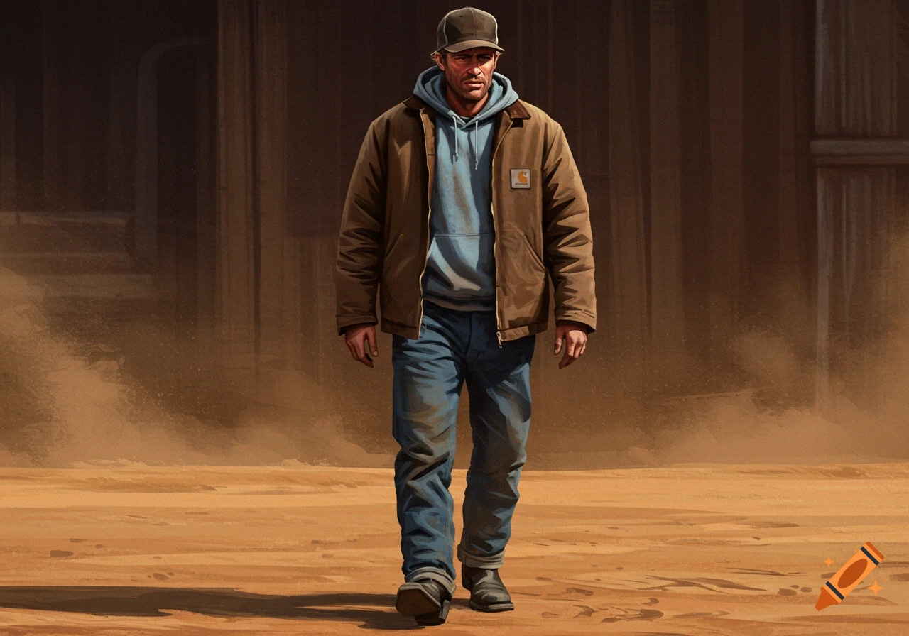 A man in a brown work jacket, blue hoodie, jeans, and a cap walks through a dusty, brown landscape.