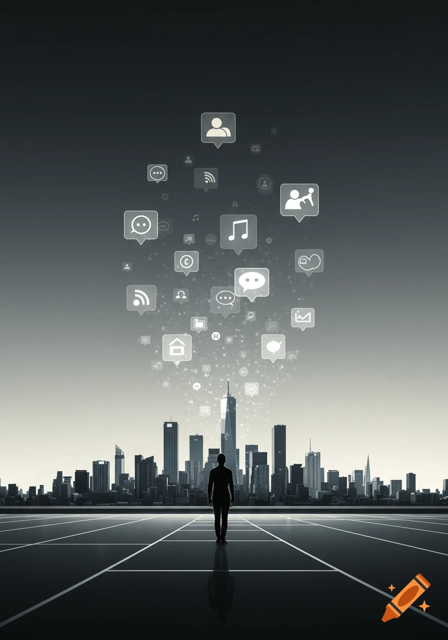 A silhouette of a person standing on a grid, facing a city skyline with glowing social media icons floating above.
