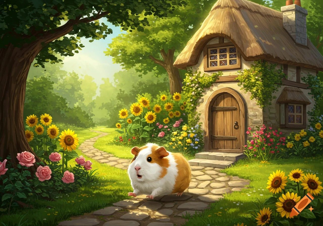 A cute guinea pig runs on a stone path towards a charming thatched-roof cottage surrounded by sunflowers and trees in a whimsical illustration.