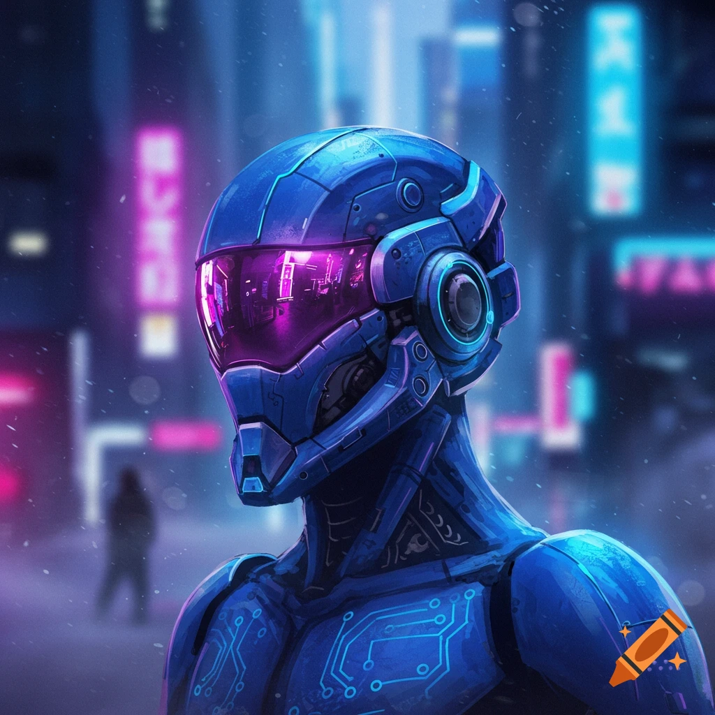 A blue robot with a purple visor stands in a neon-lit cyberpunk city.