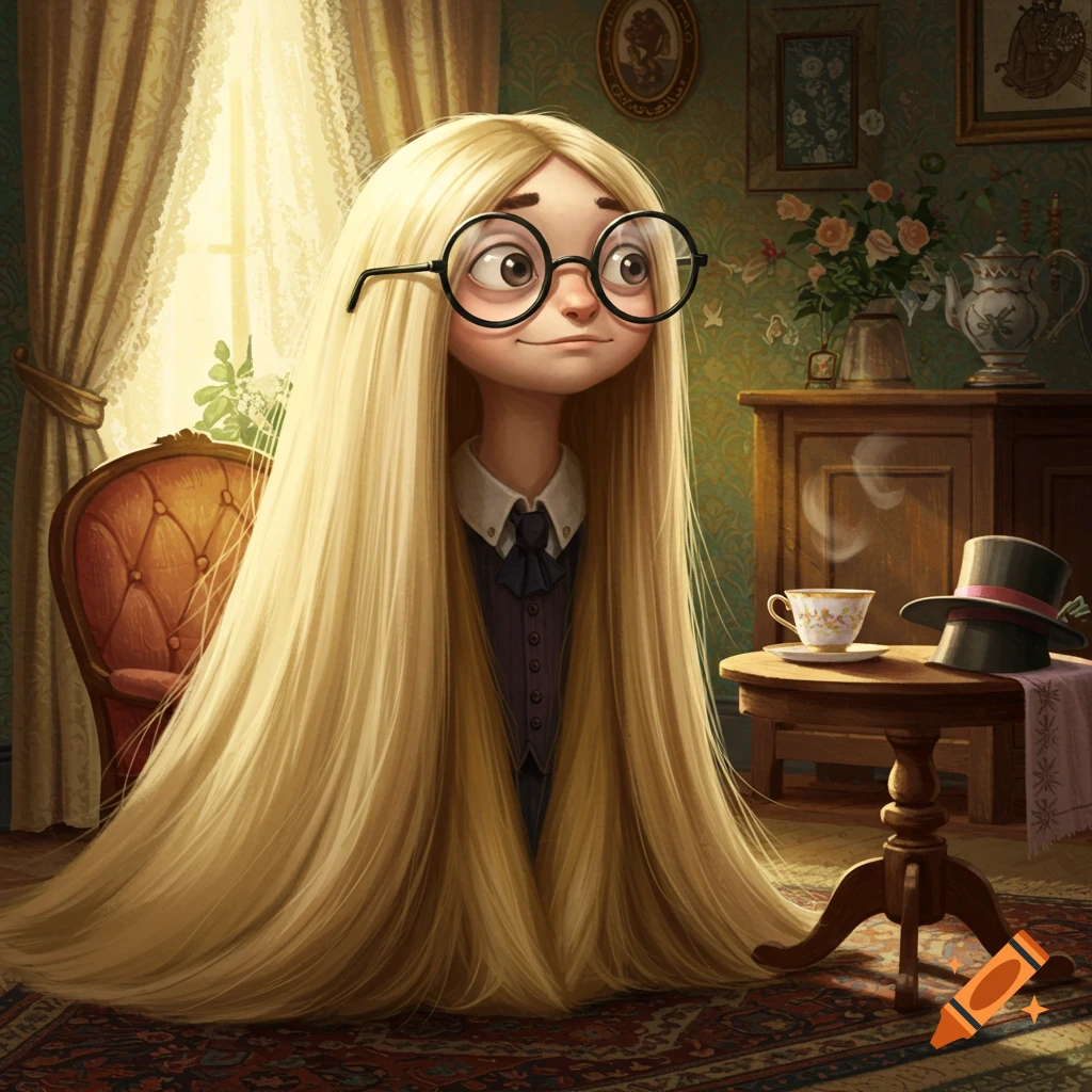 A cartoonish girl with very long blonde hair covering her body, wearing round glasses, sitting in a room with a tea set and a top hat on a small table.