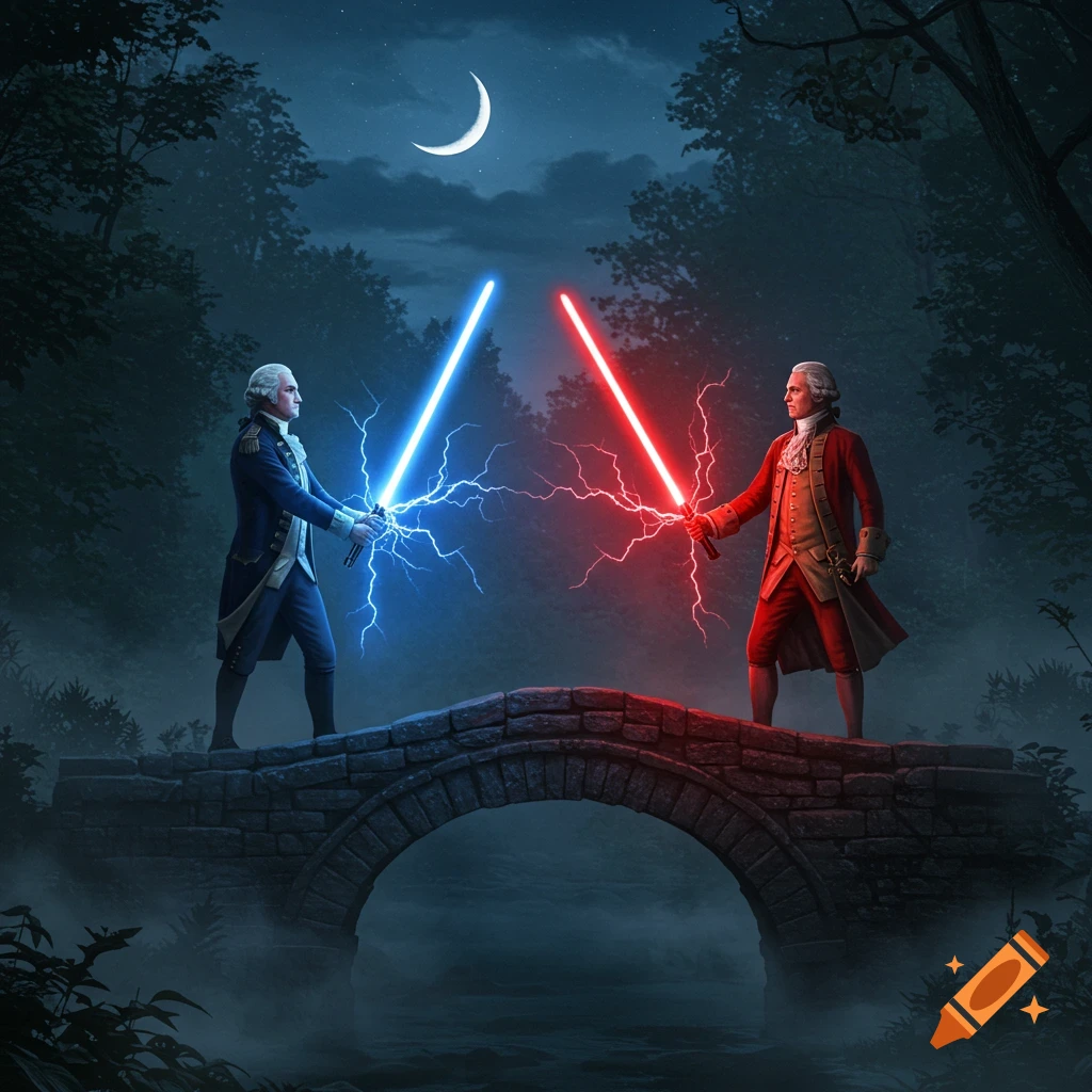 George Washington in blue and King George III in red engage in a lightsaber battle on a stone bridge at night.