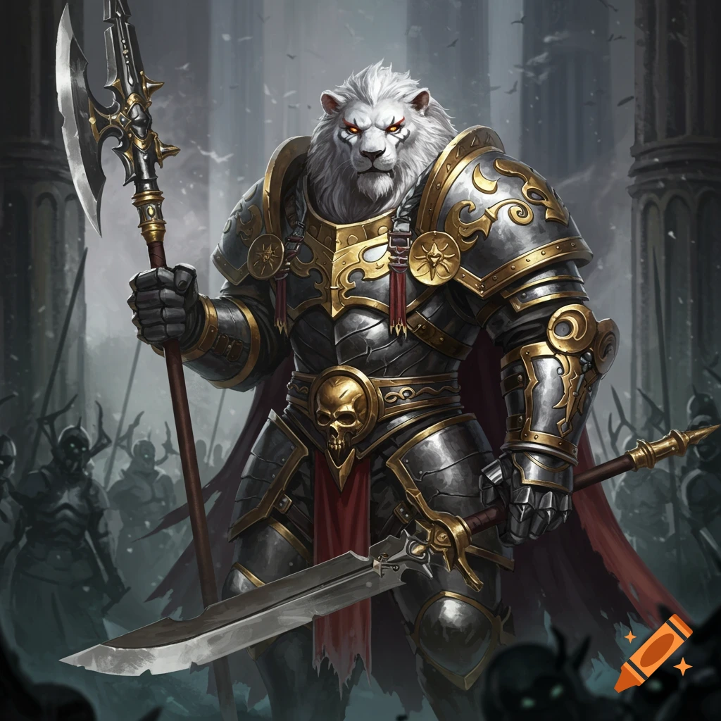 A towering white lion warrior in ornate silver and gold armor stands, holding an axe-spear and a sword, surrounded by shadowy figures.