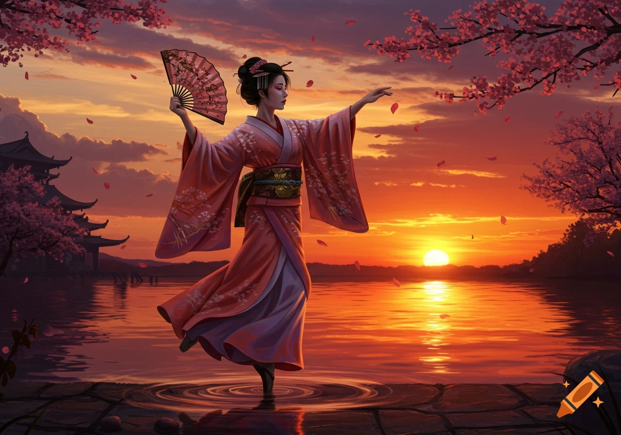 A geisha in a pink kimono dances with a fan on water at sunset, surrounded by cherry blossoms and a pagoda.