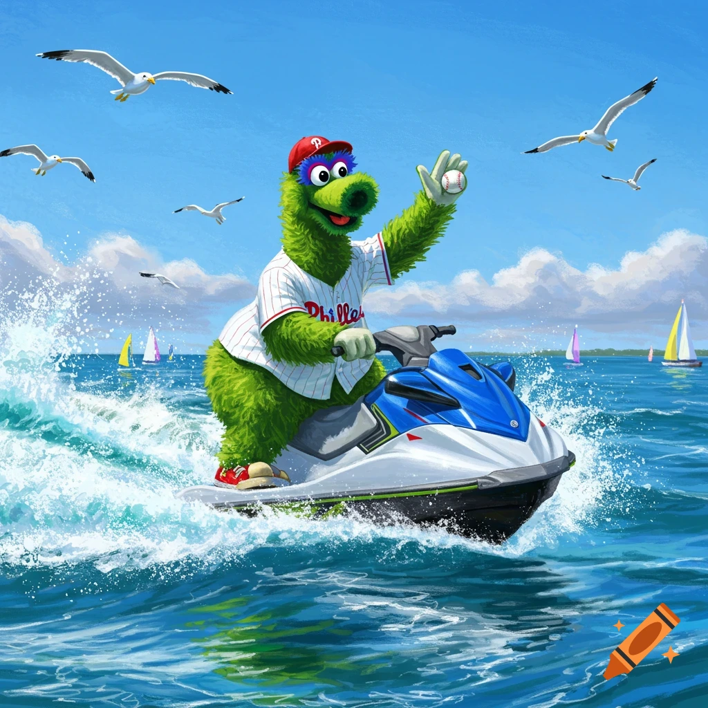 The Philly Phanatic on a blue and white jet ski, riding through choppy ocean water under a clear blue sky with seagulls flying overhead.