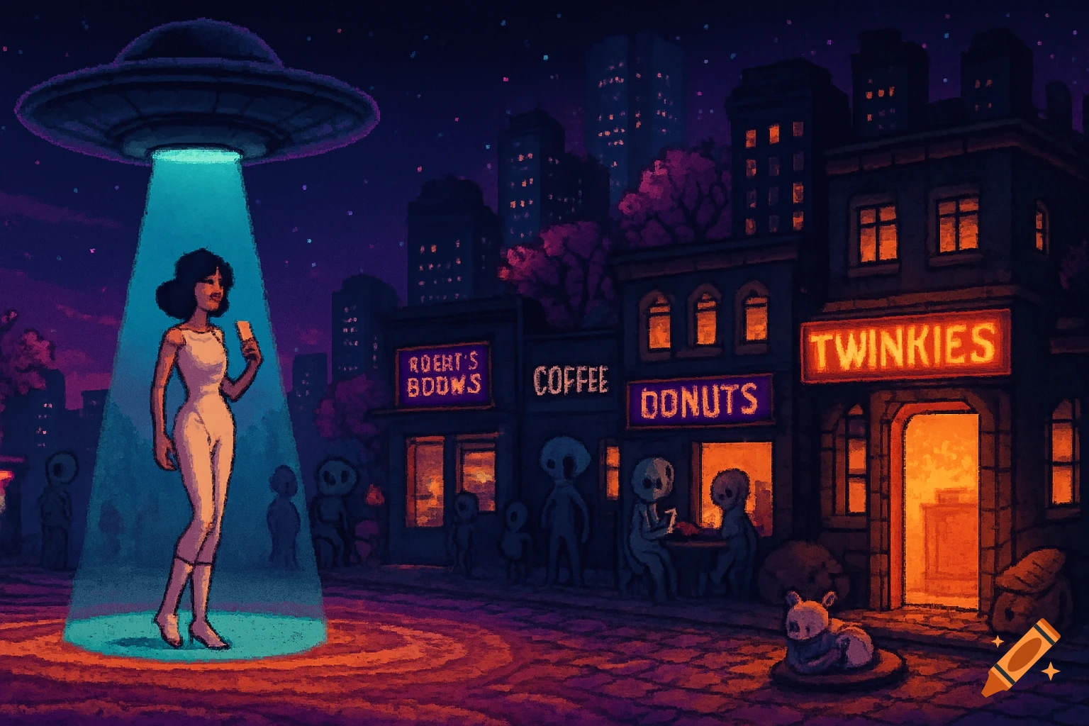 A woman in a white bodysuit stands in a blue UFO beam in a retro pixel-art alien city at night, with neon-lit shops and aliens.