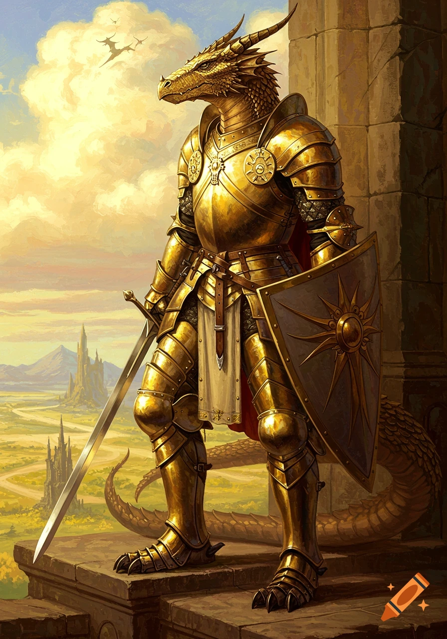A gold Dragonborn paladin in full armor holds a sword and shield, standing on a stone platform overlooking a castle landscape.