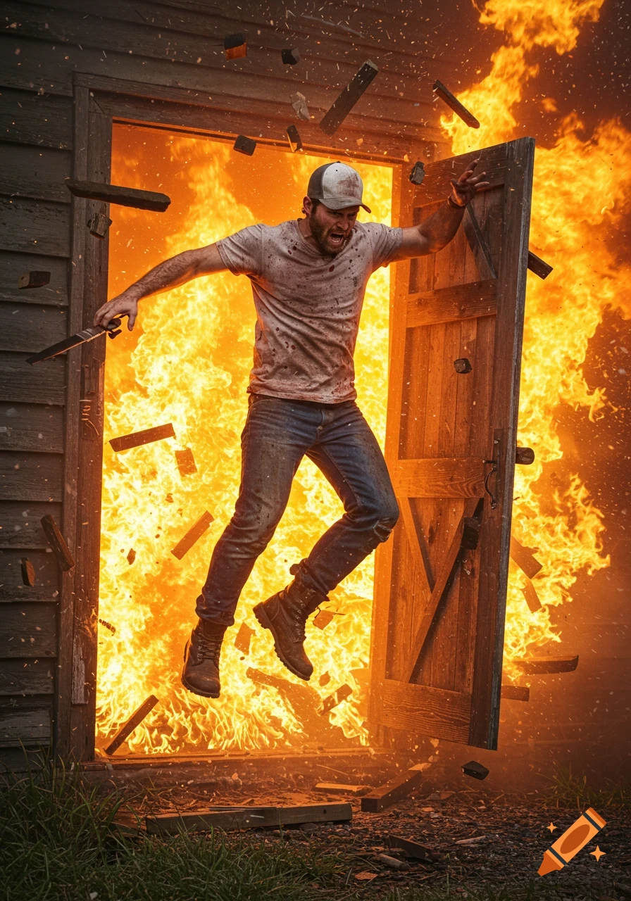 A man in a t-shirt, jeans, and a cap jumps through an exploding wooden door engulfed in flames from a farmhouse fire.