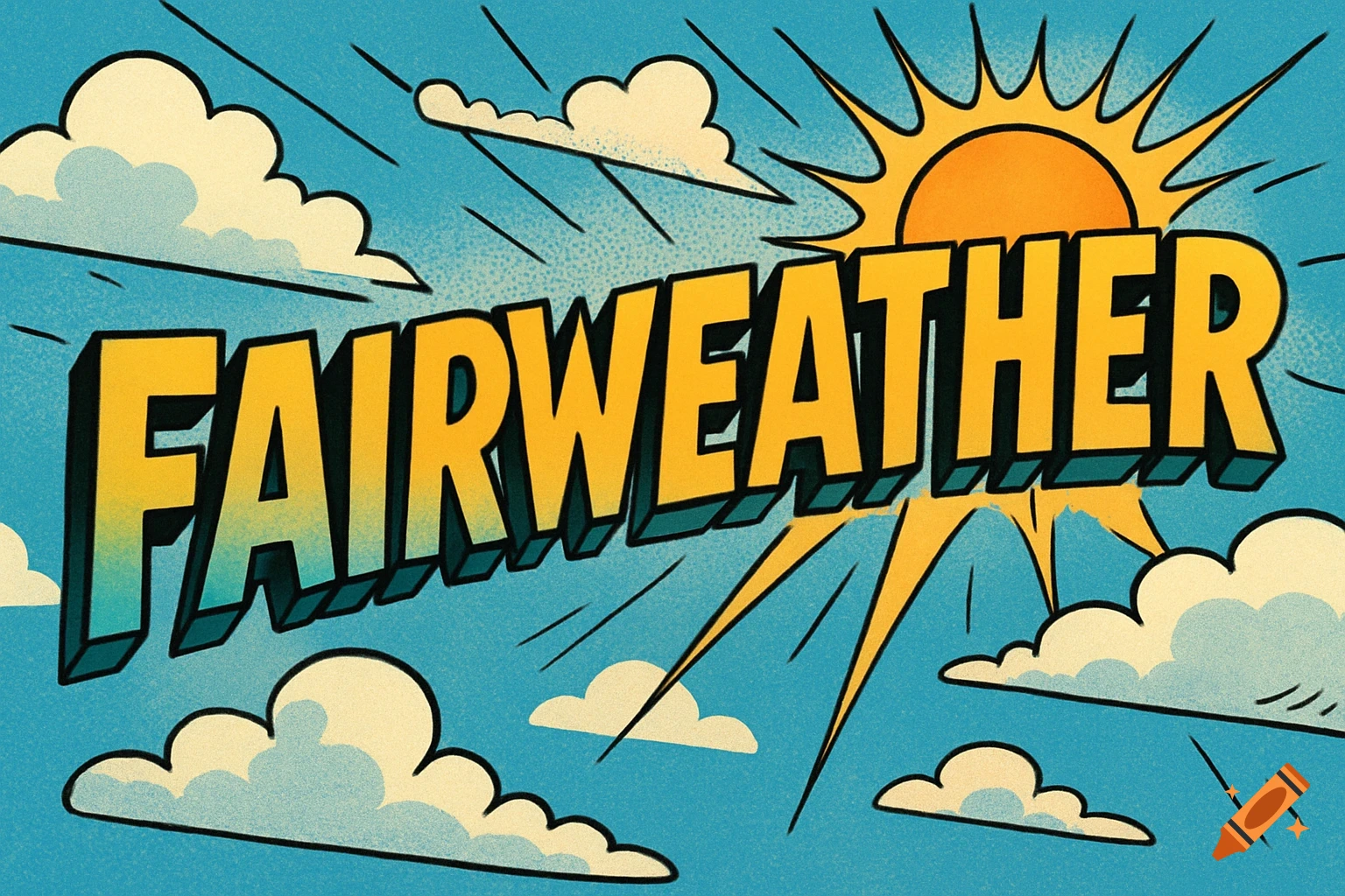 The word FAIRWEATHER in yellow 3D comic text against a blue sky with a sun and clouds.