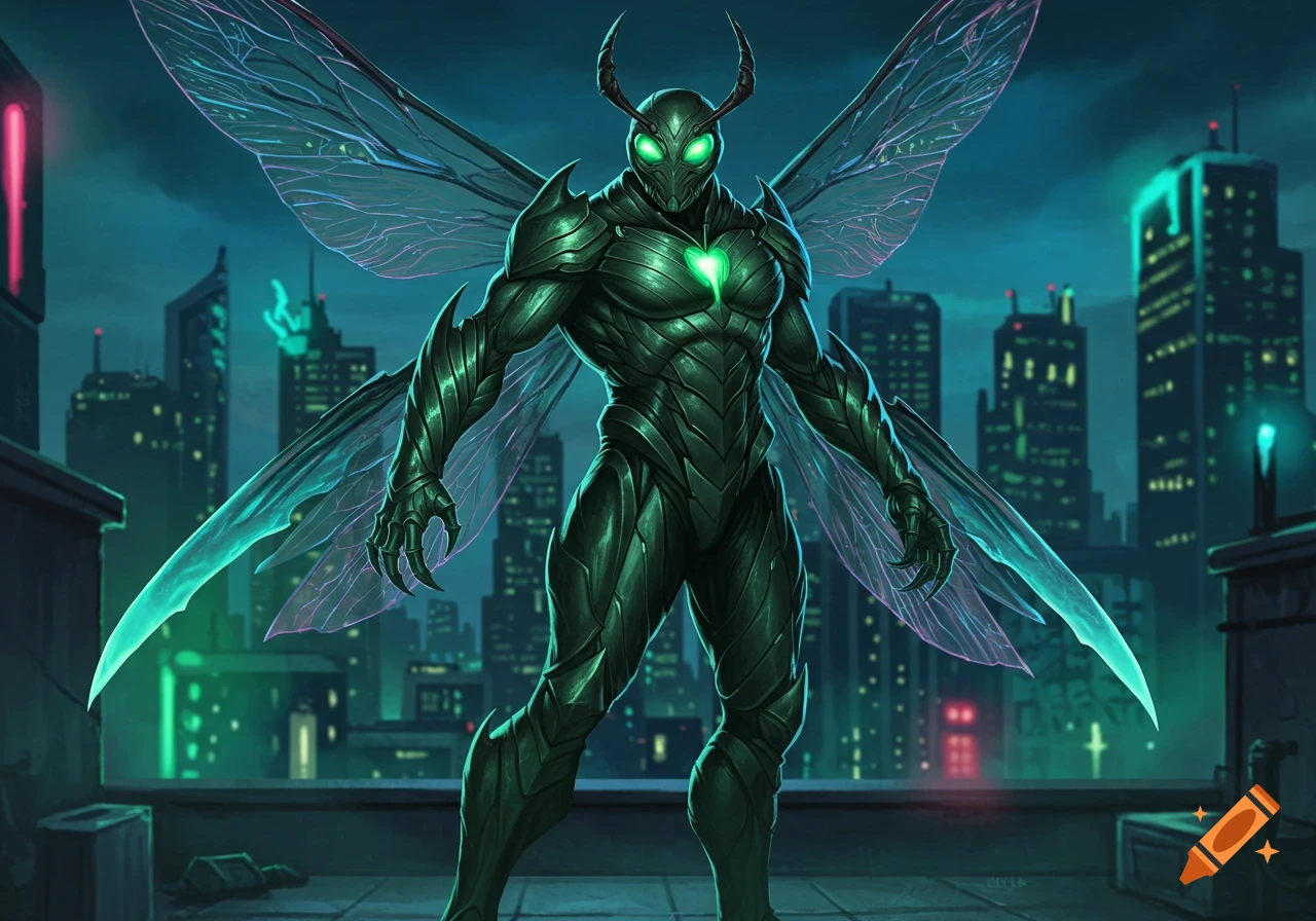 A green, insect-themed superhero with glowing eyes and large wings stands on a rooftop overlooking a cyberpunk city at night.