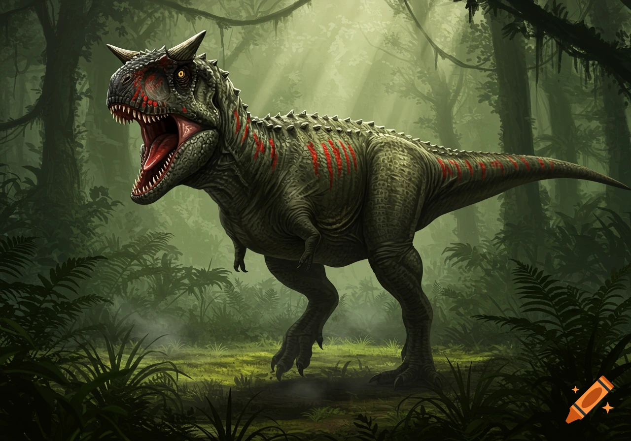 A realistic T-rex wearing a glowing blue virtual reality headset