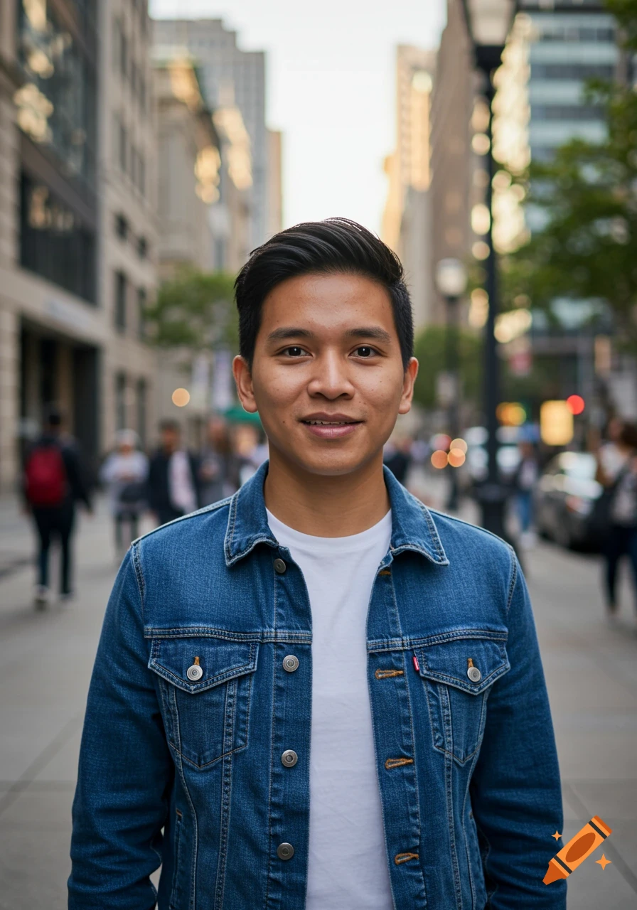 A young man in a denim jacket smiles at the camera on a busy city street.