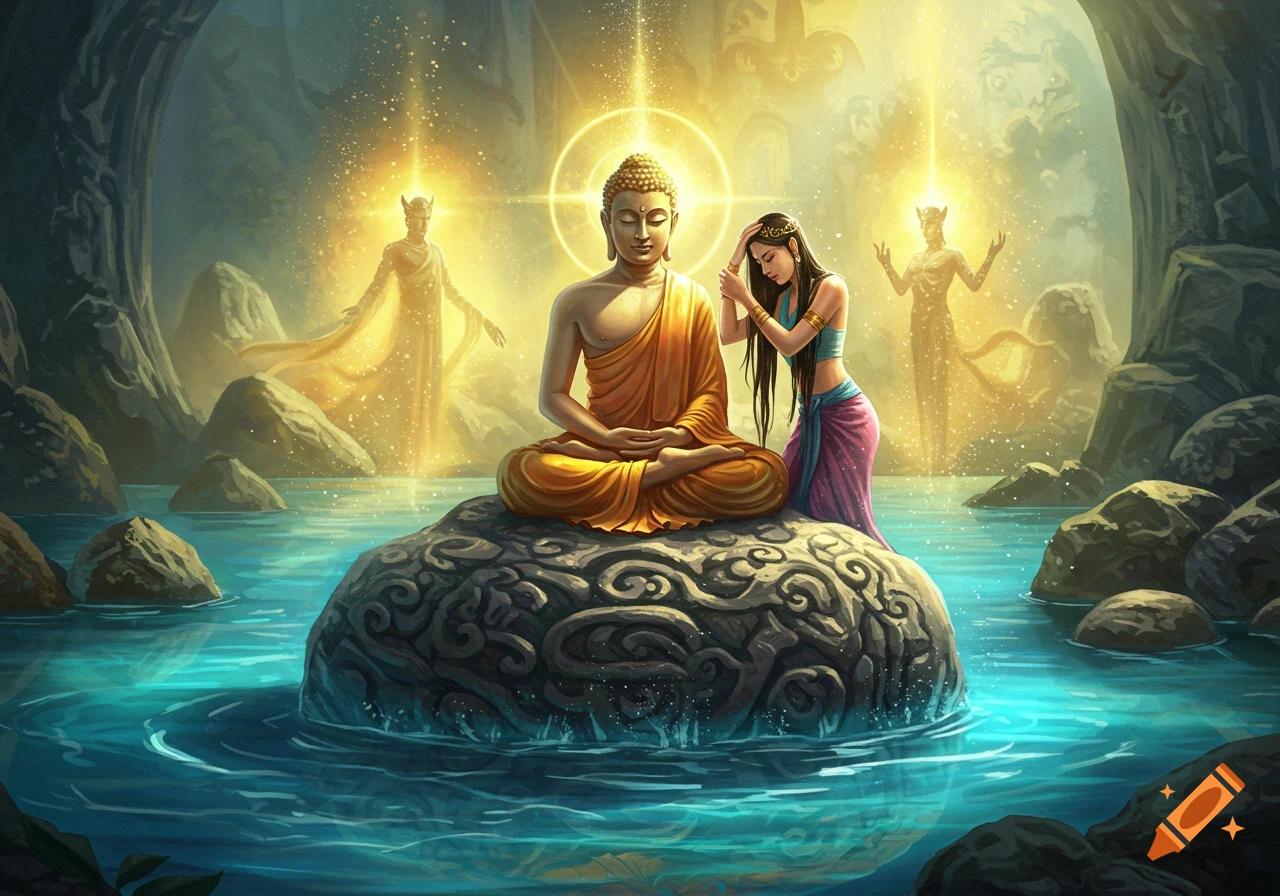 A serene Buddha meditates on a rock in a mystical cave, with a kneeling princess and two glowing figures in the background.