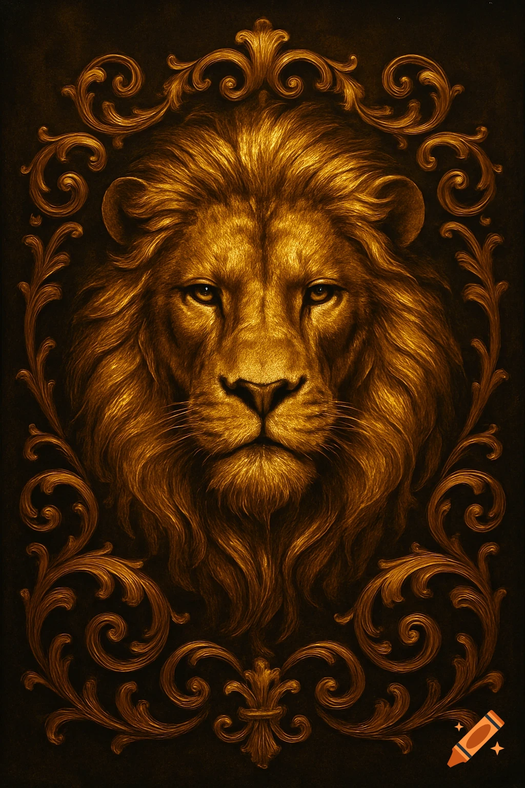 A majestic golden lion's head, facing forward, framed by intricate golden baroque scrolls on a dark background.