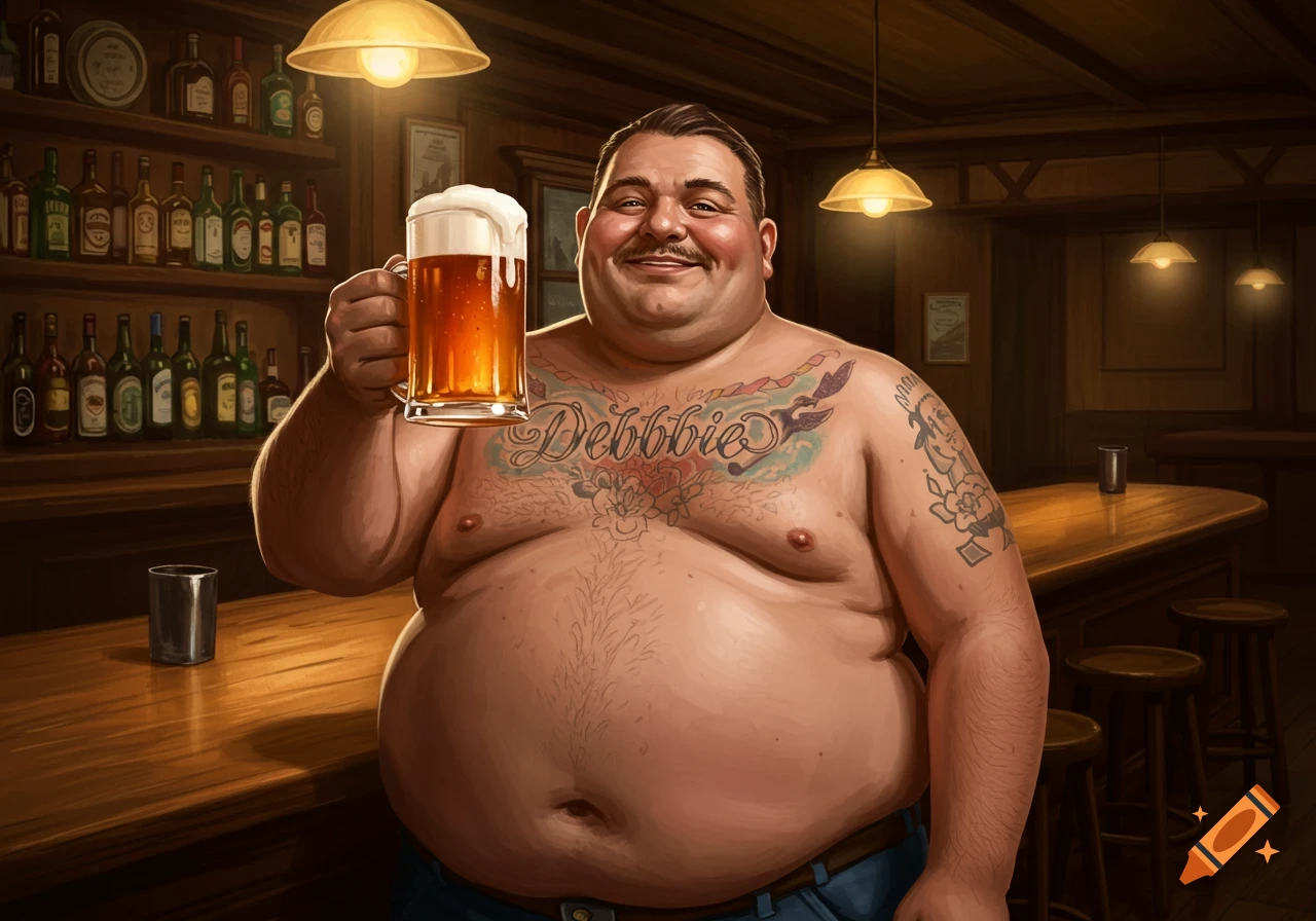 An overweight man with 'Debbie' tattooed on his chest holding a mug of beer in a dimly lit bar.