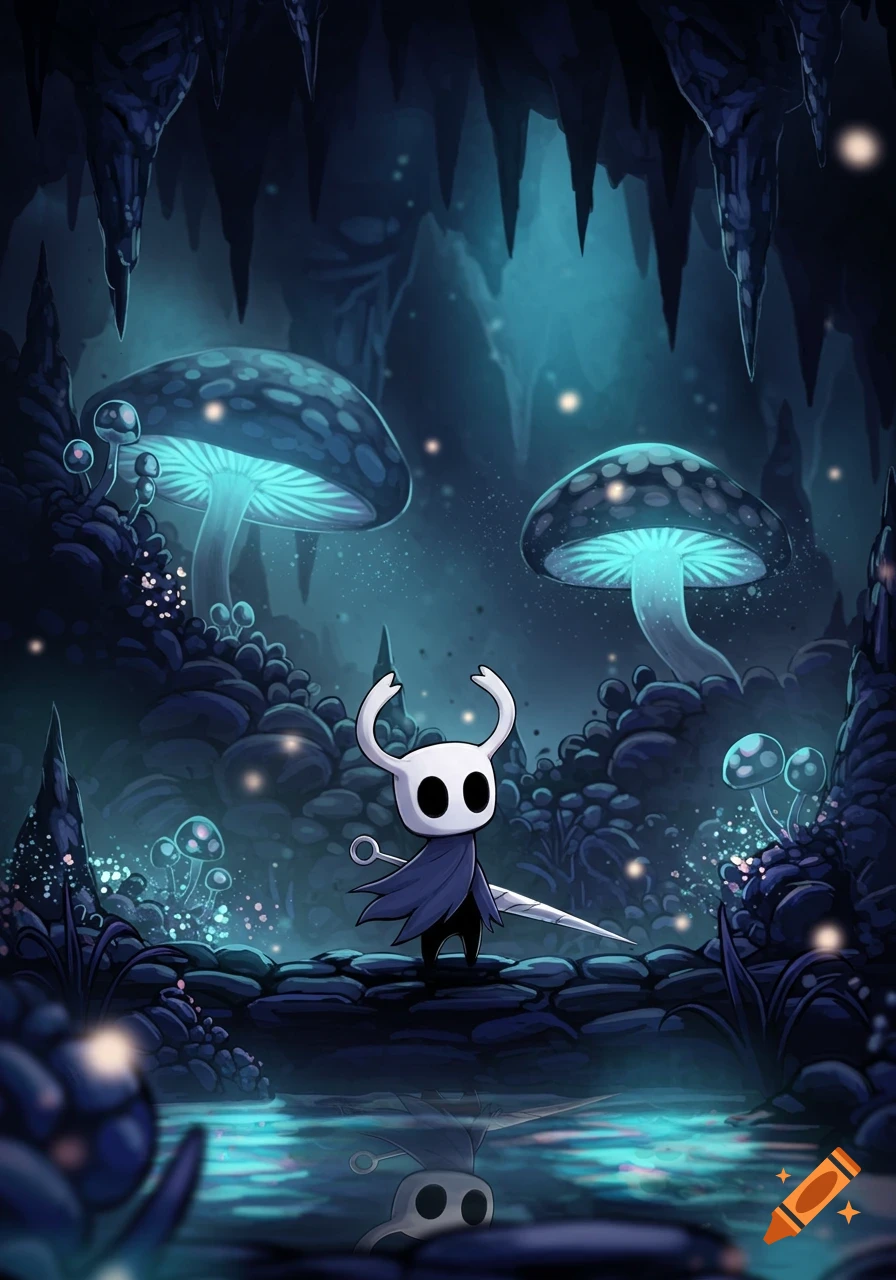 A small, black and white knight character with a horned head stands on a ledge in a dark, mystical cave illuminated by large glowing blue mushrooms.