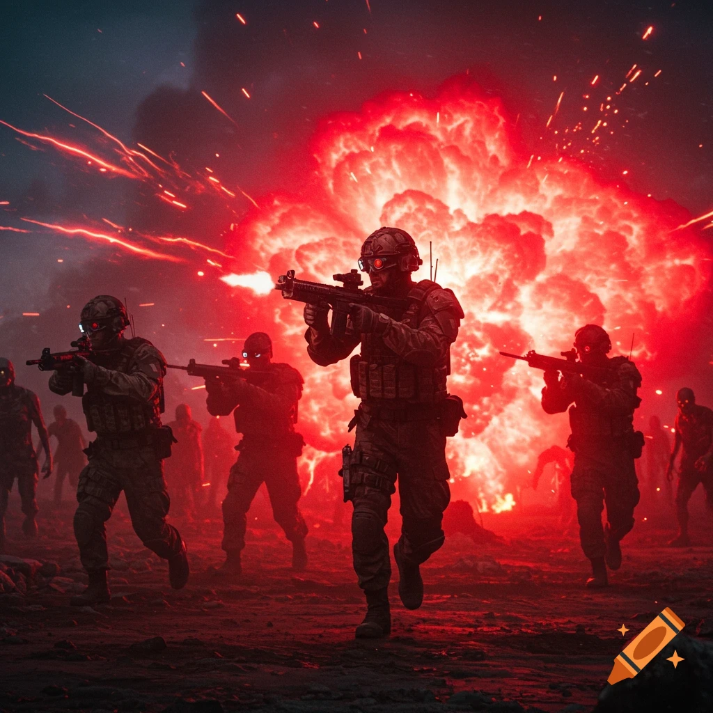 Photorealistic image of military soldiers in tactical gear fighting zombies amidst a massive red explosion and flying debris.