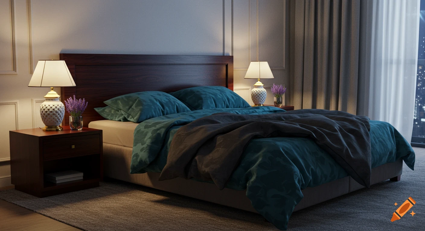 A photorealistic bedroom with a large bed, teal bedding, nightstands with lamps and flowers, and a city night view.