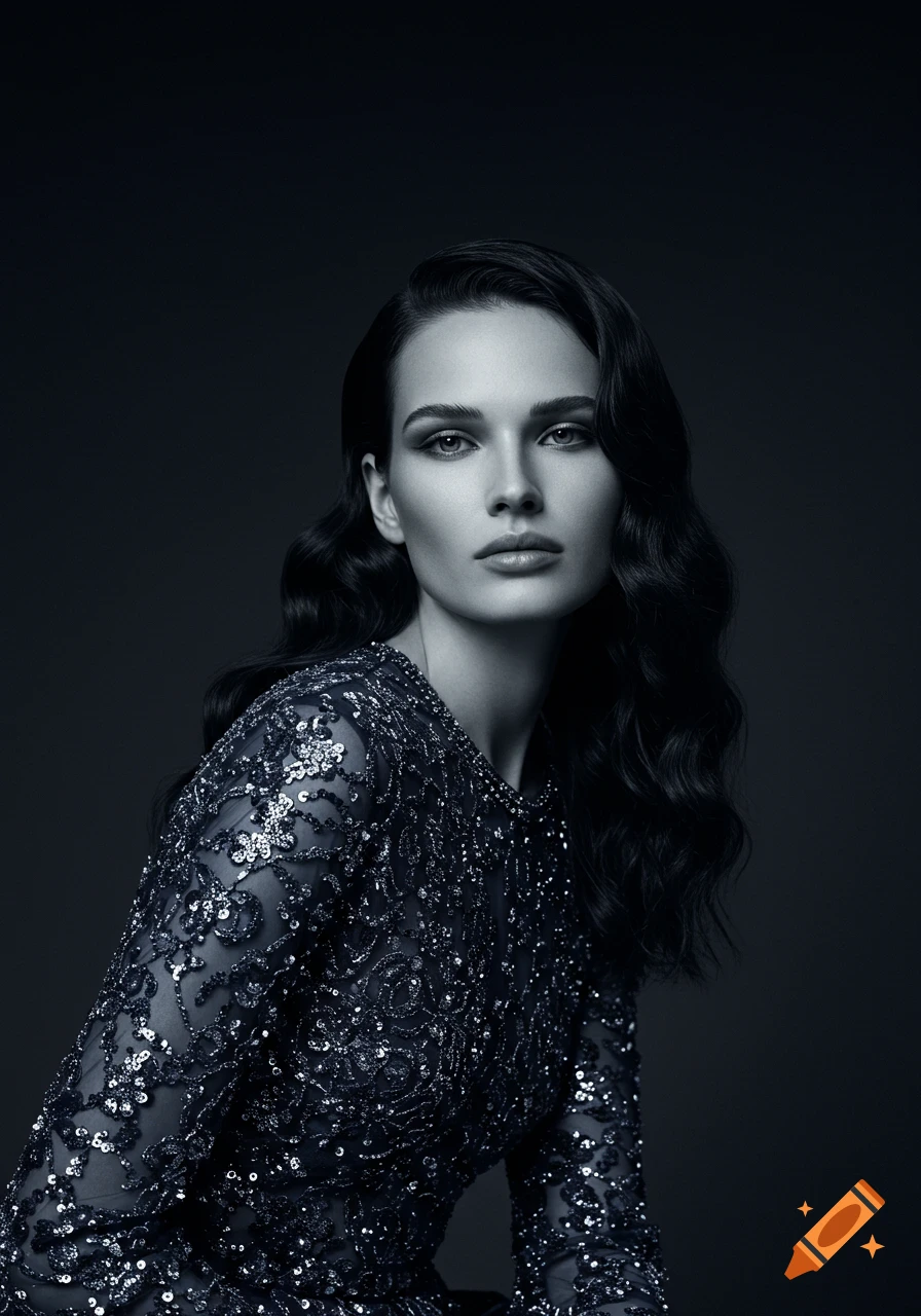 Monochrome portrait of a woman with elegant dark wavy hair and a sparkling black sequined dress against a dark background.