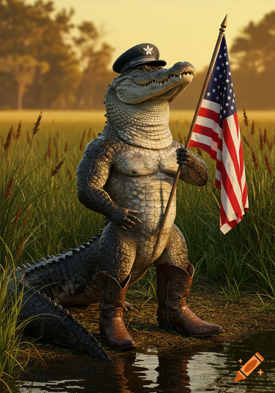 A muscular, photorealistic alligator stands in a marsh, wearing a military cap and cowboy boots, proudly holding an American flag.