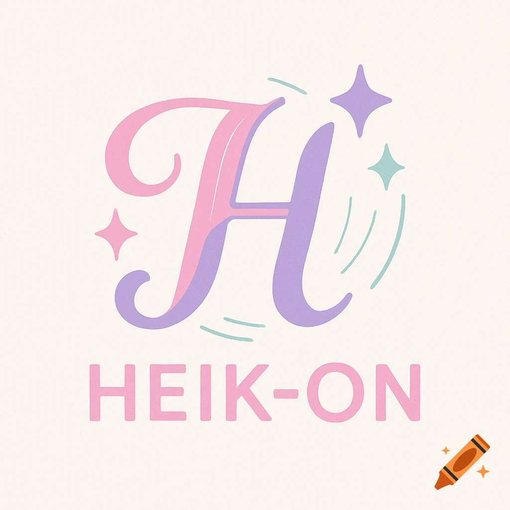 A stylized pink and purple letter H logo with sparkles and the text HEIK-ON below it on a light background.