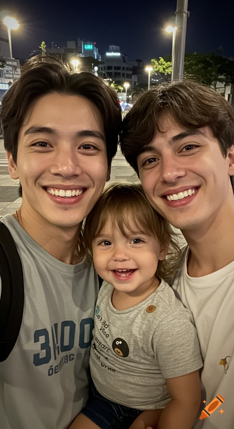 A selfie captures two smiling men and a toddler in their arms, standing together on a city street at night.