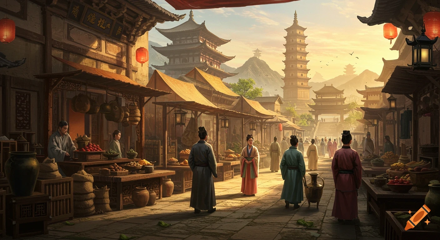 A bustling ancient Chinese marketplace at sunset, with traditional architecture, stalls, and people in period attire.