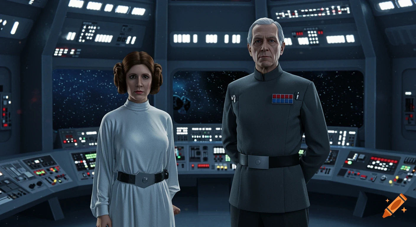 Photorealistic image of Princess Leia and Grand Moff Tarkin standing in a futuristic spaceship control room.