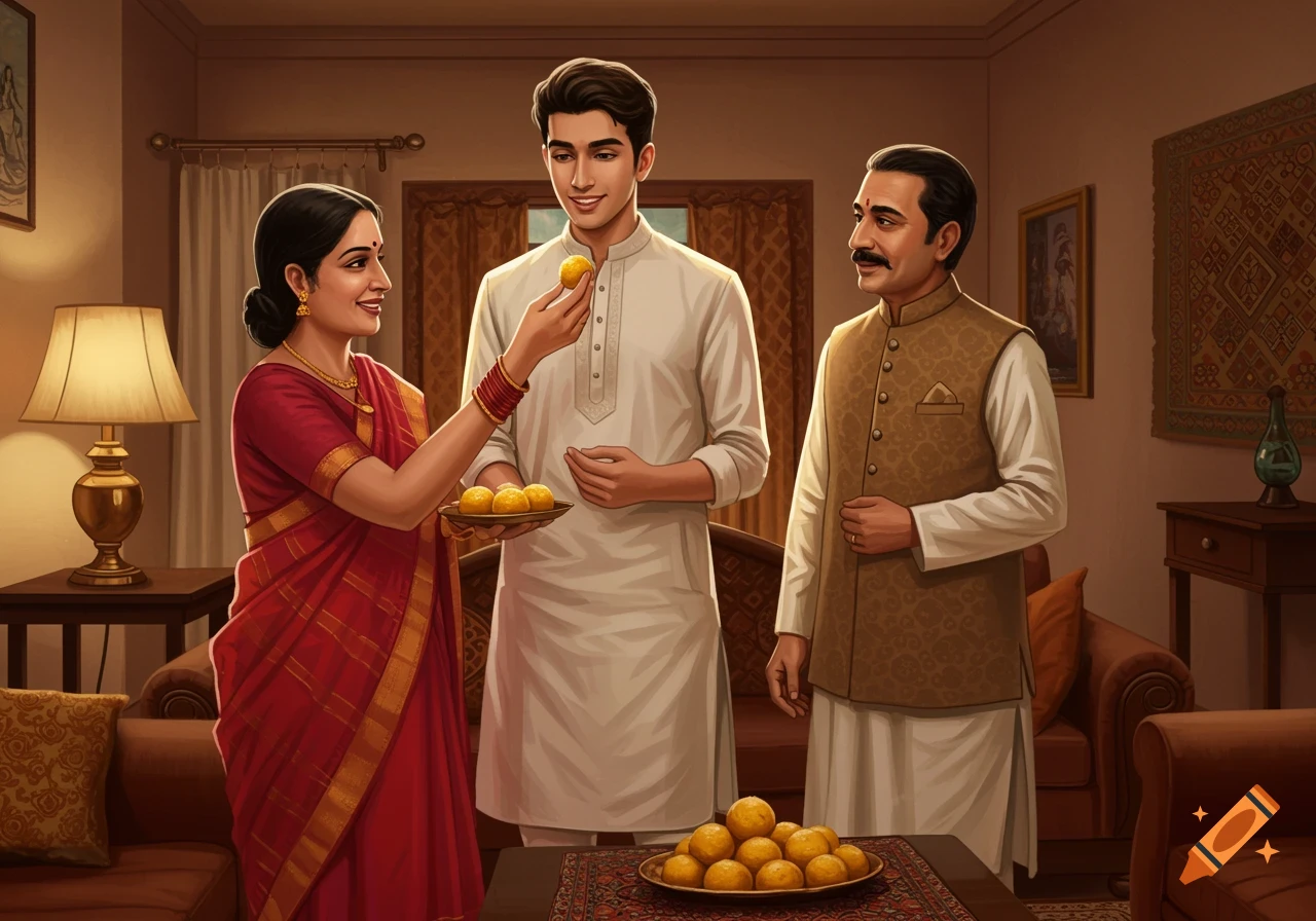An Indian mother in a red saree feeds a laddu to her son in a white kurta, while his father watches in a brown waistcoat in a warm indoor setting.