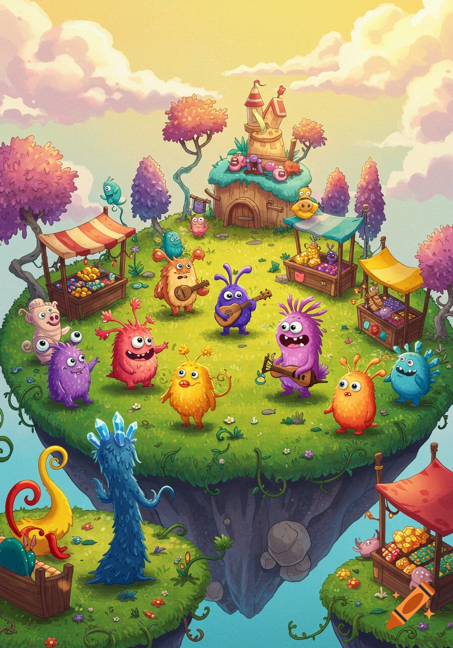 Vibrant cartoon monsters on a floating island, some playing music, others tending market stalls, under a bright sky.