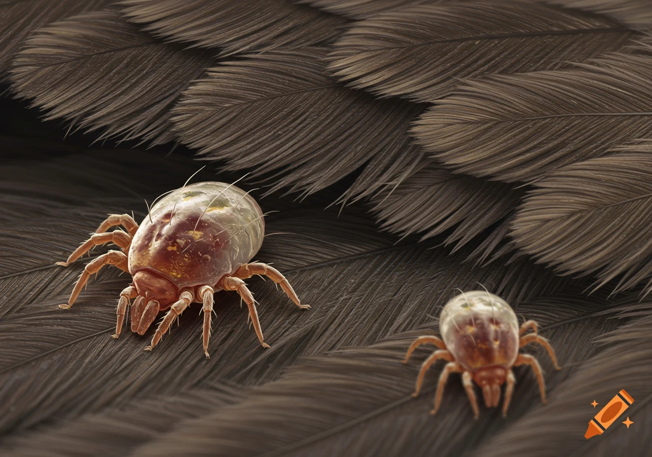 Two detailed microscopic bird mites are shown on a textured brown surface, appearing like feathers.
