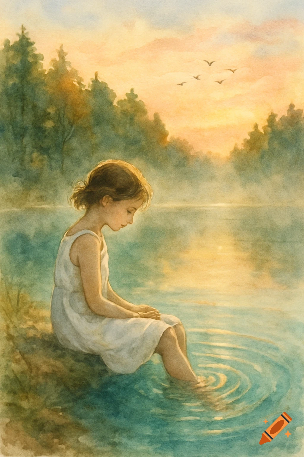 A watercolor painting depicts a girl in a white dress sitting by a lake at sunrise, dipping her feet in the water.
